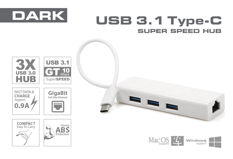 Dark USB3.1 Type-C - 3xUSB3.0HUB+ Gigabit Ethernet [DK AC U31X3GL] - Aknet